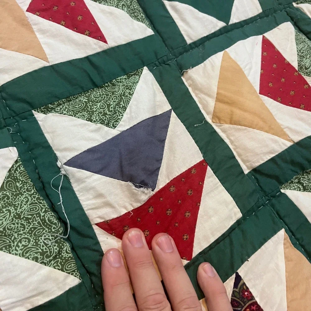 Vtg Flying Geese Patchwork Quilt Handmade Green Paisley Floral 82x84 Farmhouse